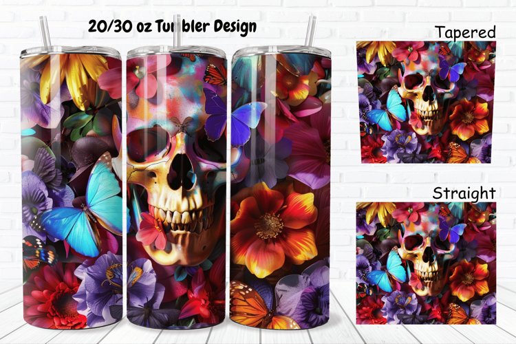 3D Skull Butterflies 20/30oz Skinny Tumbler example image 1