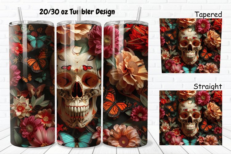 3D Skull Butterflies 20/30oz Skinny Tumbler example image 1