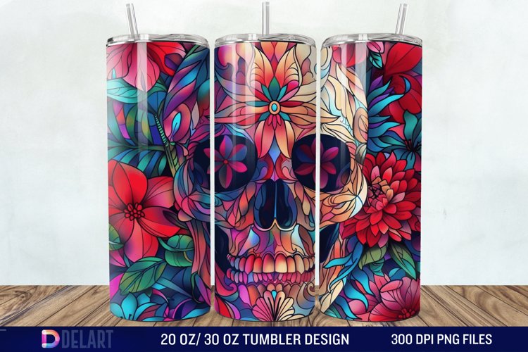 3D Skull Flowers Stained Glass Tumbler Wrap