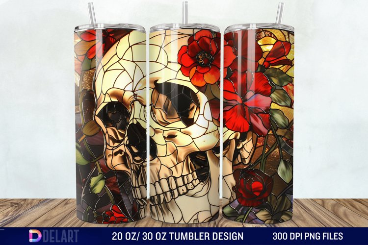 3D Skull Flowers Stained Glass Tumbler Wrap