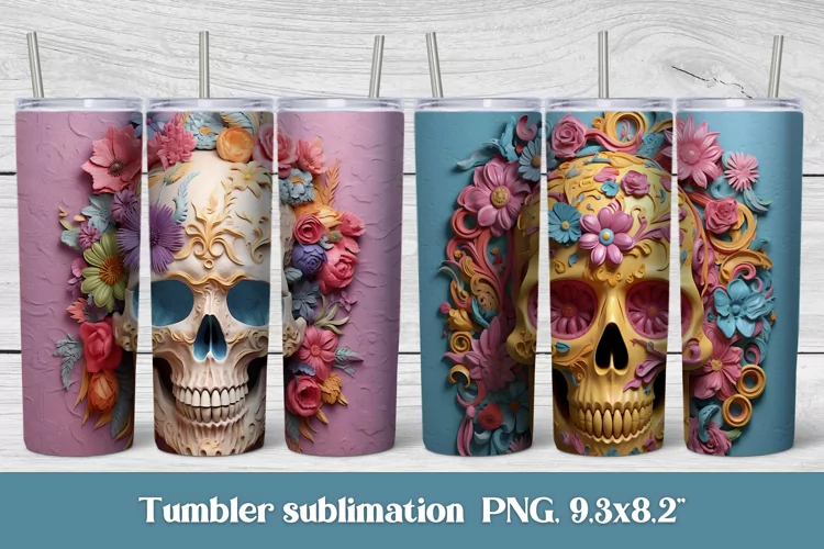 3d skull sublimation tumbler | 3d skull flower illustration