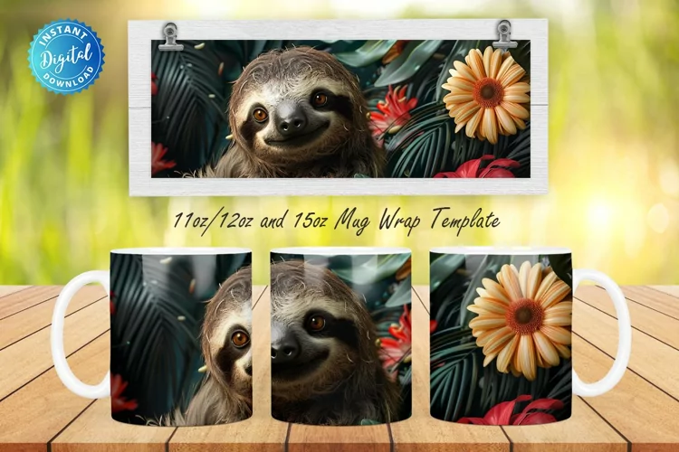 3D Sloth Floral 11, 12 & 15 Oz Mug Sublimation