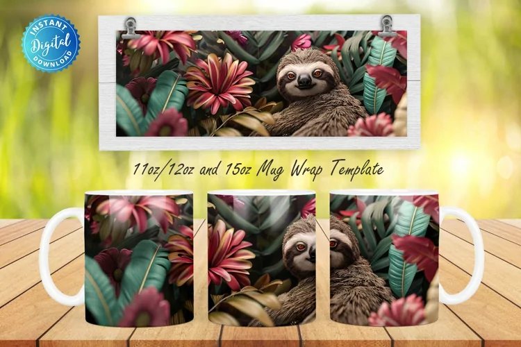 3D Sloth Floral 11, 12 & 15 Oz Mug Sublimation