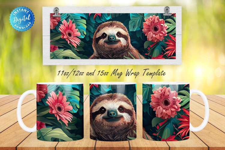 3D Sloth Floral 11, 12   15 Oz Mug Sublimation