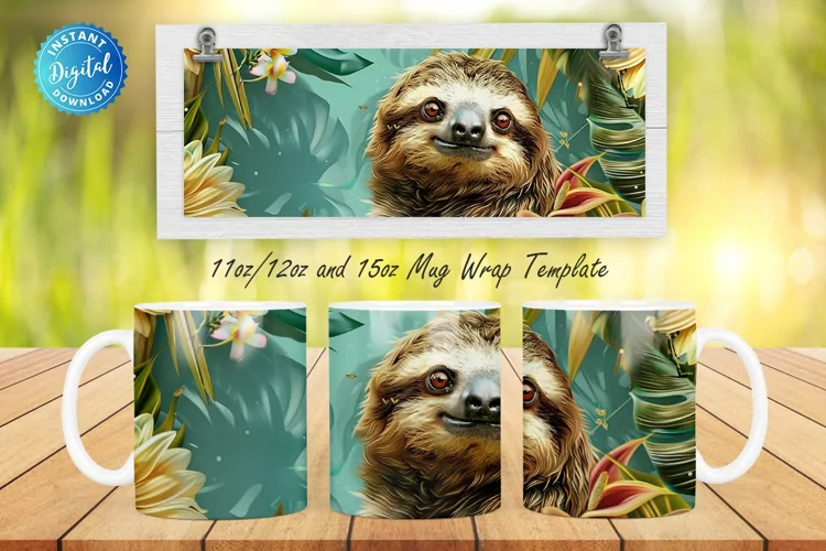 3D Sloth Floral 11, 12 & 15 Oz Mug Sublimation