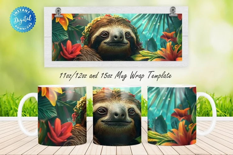 3D Sloth Floral 11, 12 & 15 Oz Mug Sublimation