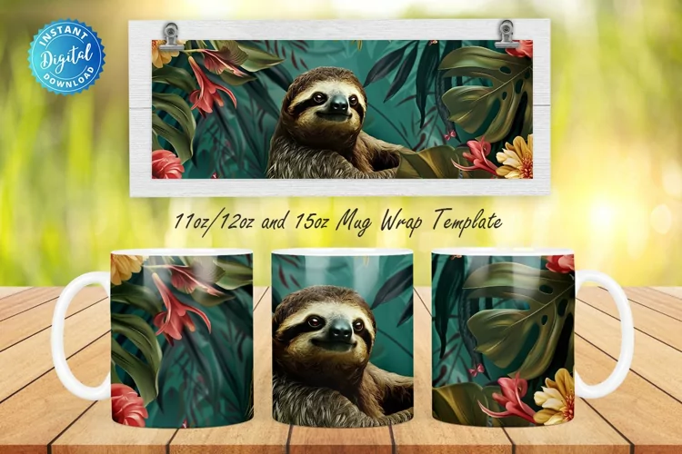 3D Sloth Floral 11, 12 & 15 Oz Mug Sublimation