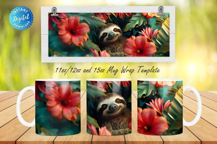3D Sloth Floral 11, 12 & 15 Oz Mug Sublimation