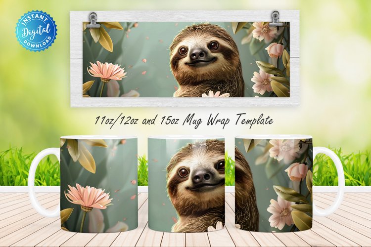 3D Sloth Floral 11, 12   15 Oz Mug Sublimation