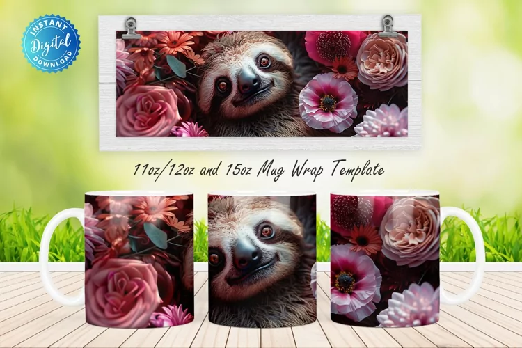 3D Sloth Floral 11, 12 & 15 Oz Mug Sublimation