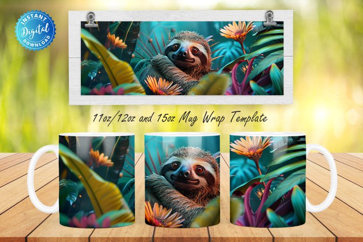 3D Sloth Floral 11, 12 & 15 Oz Mug Sublimation example image 1