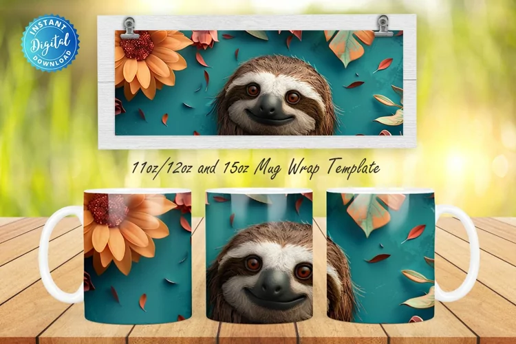 3D Sloth Floral 11, 12 & 15 Oz Mug Sublimation