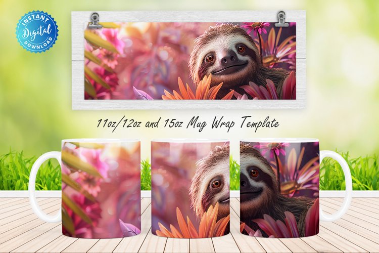 3D Sloth Floral 11, 12 & 15 Oz Mug Sublimation example image 1