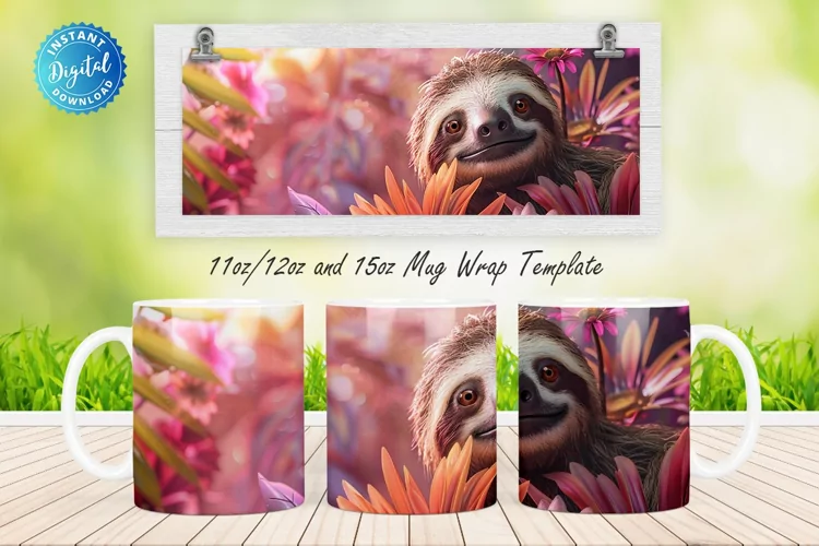 3D Sloth Floral 11, 12 & 15 Oz Mug Sublimation