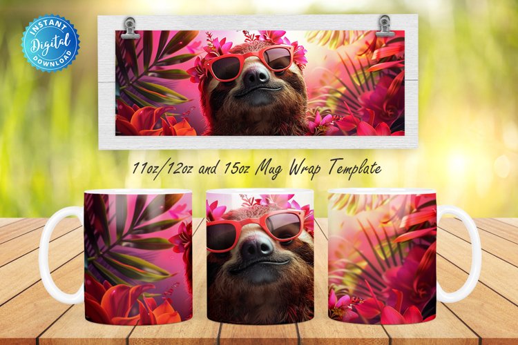 3D Sloth Floral 11, 12 & 15 Oz Mug Sublimation example image 1