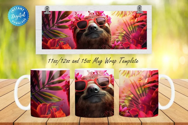 3D Sloth Floral 11, 12 & 15 Oz Mug Sublimation