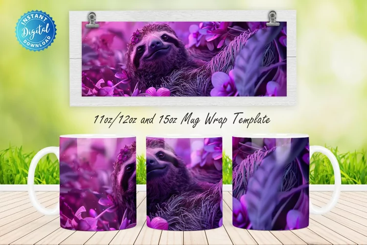 3D Sloth Floral 11, 12 & 15 Oz Mug Sublimation