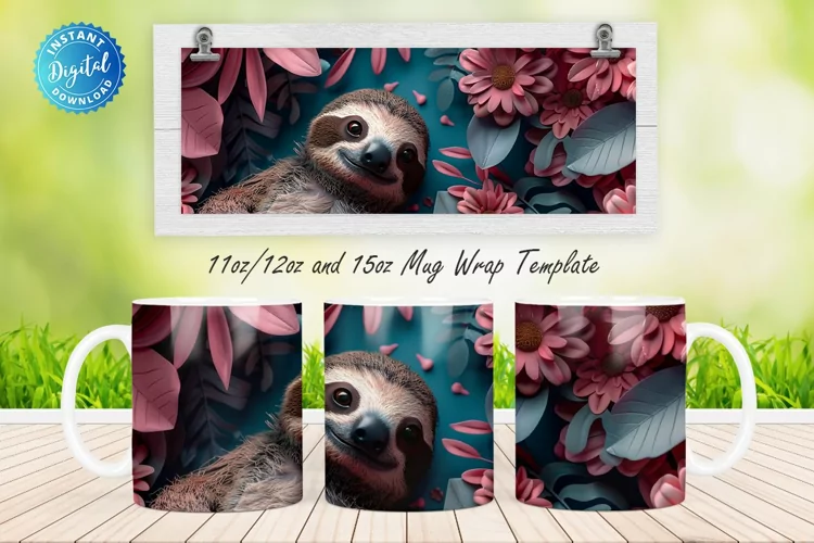 3D Sloth Floral 11, 12 & 15 Oz Mug Sublimation