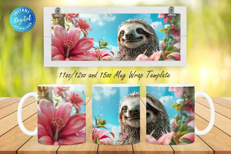 3D Sloth Floral 11, 12 & 15 Oz Mug Sublimation