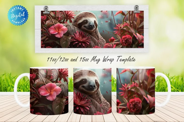 3D Sloth Floral 11, 12 & 15 Oz Mug Sublimation