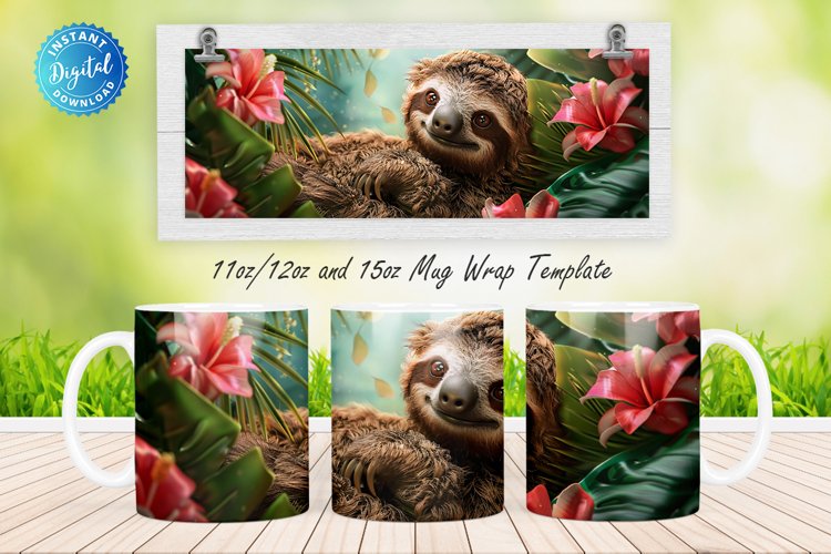 3D Sloth Floral 11, 12   15 Oz Mug Sublimation