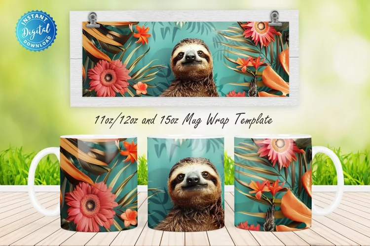 3D Sloth Floral 11, 12 & 15 Oz Mug Sublimation