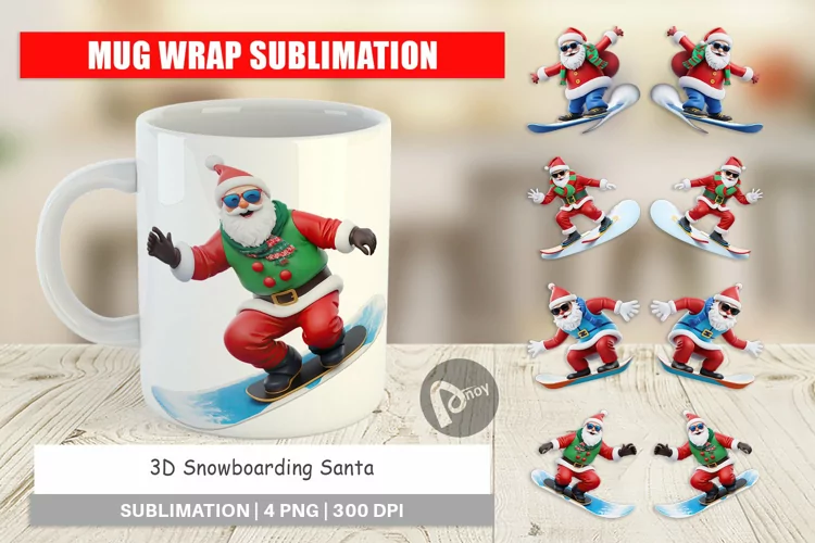 Mug Wrap Design 3D Snowboard Santa