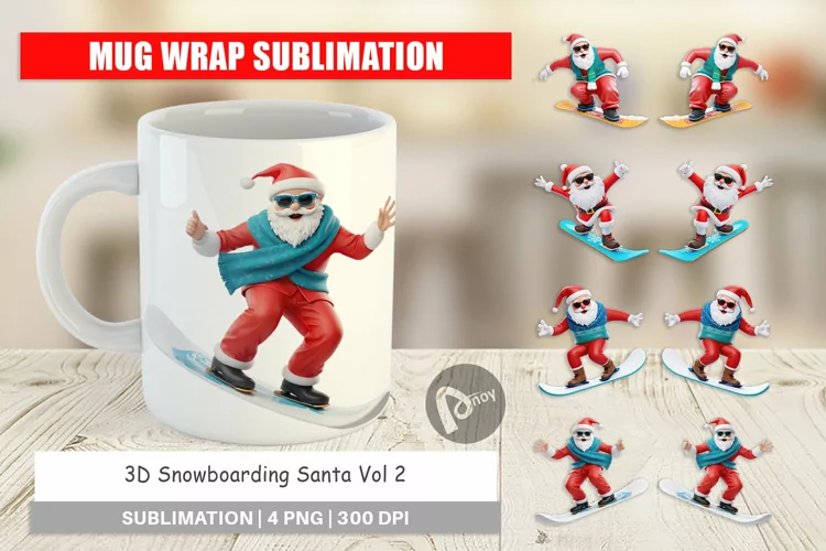 Mug Wrap Design 3D Snowboard Santa