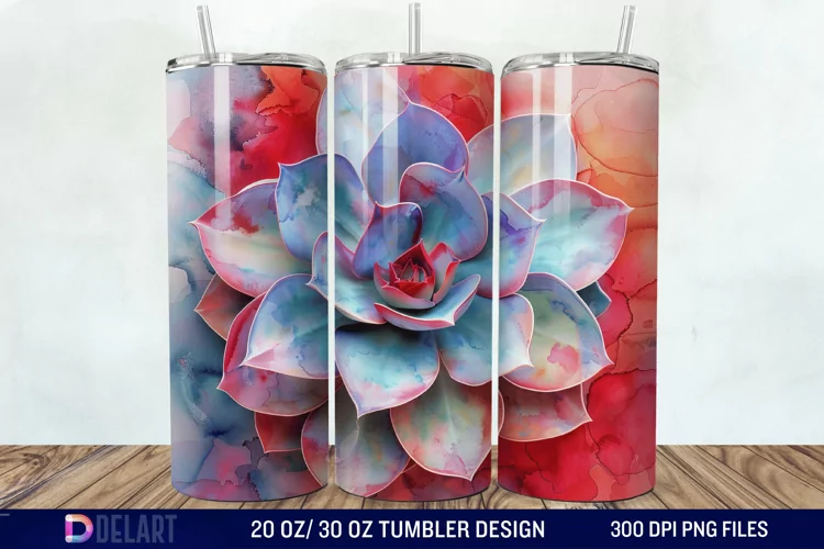 3D Succulent Watercolor Flower Tumbler Wrap