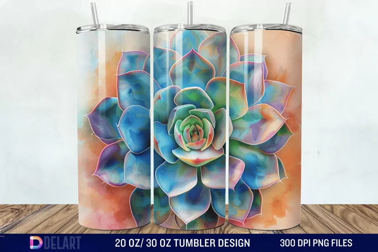 3D Succulent Watercolor Flower Tumbler Wrap