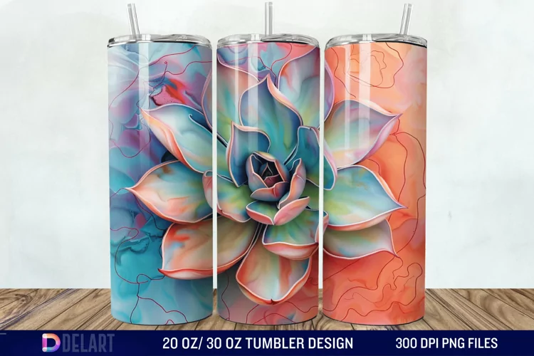3D Succulent Watercolor Flower Tumbler Wrap
