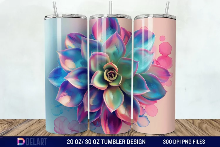 3D Succulent Watercolor Flower Tumbler Wrap