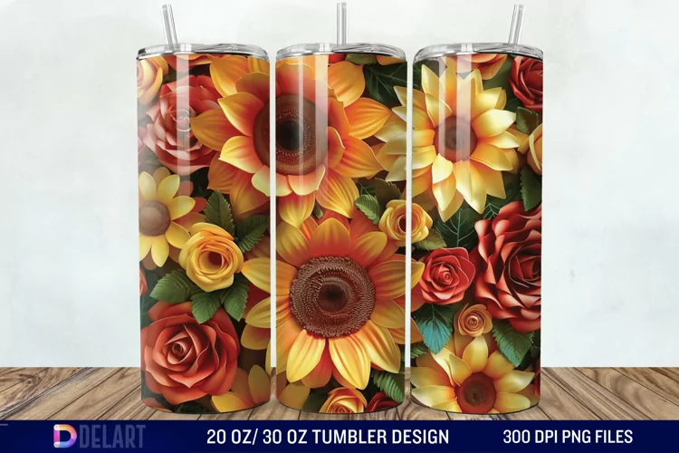 3d Sunflower & Roses Flowers Tumbler Wrap