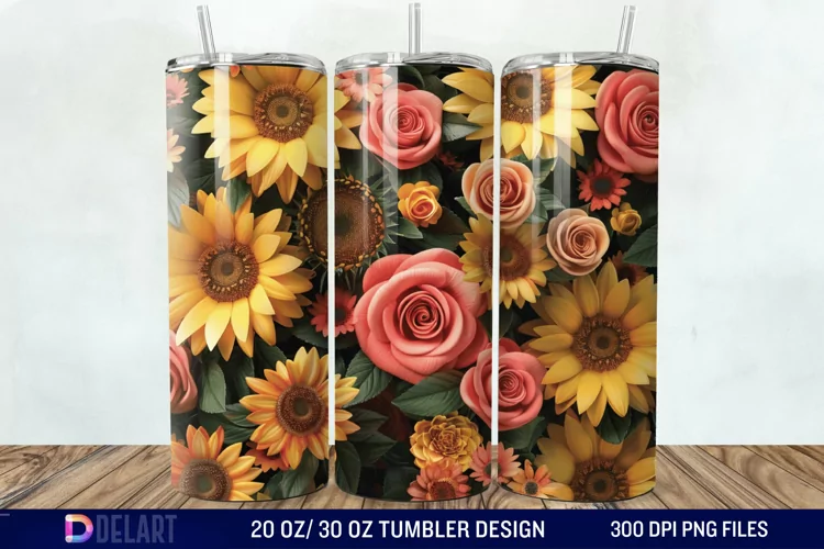 3d Sunflower & Roses Flowers Tumbler Wrap