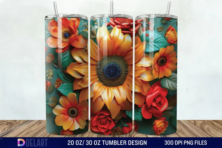 3d Sunflower & Roses Flowers Tumbler Wrap