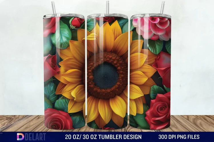 3d Sunflower & Roses Flowers Tumbler Wrap