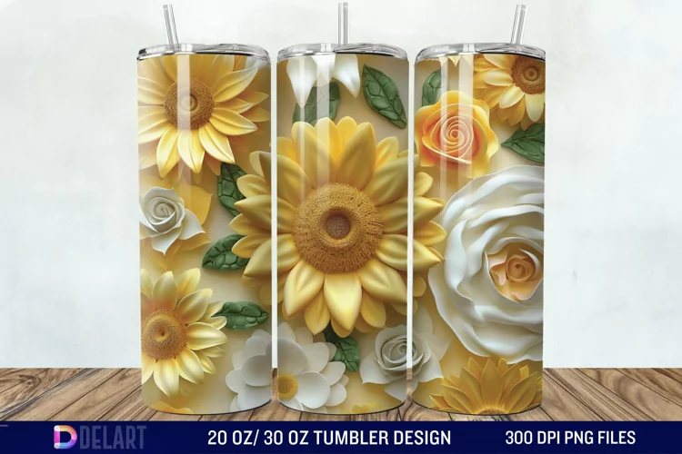 3d Sunflower & Roses Flowers Tumbler Wrap