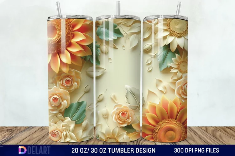 3d Sunflower & Roses Flowers Tumbler Wrap