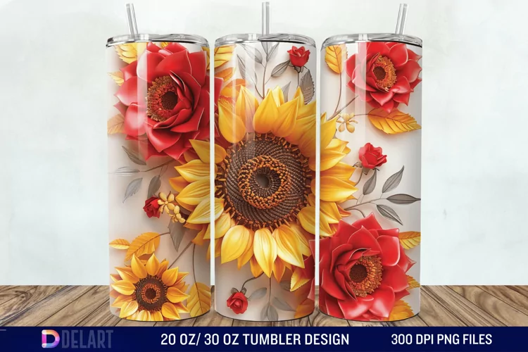 3d Sunflower & Roses Flowers Tumbler Wrap
