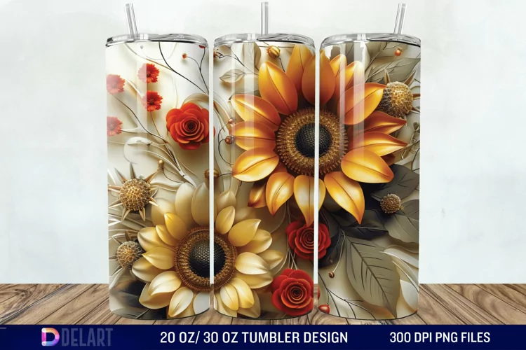 3d Sunflower & Roses Flowers Tumbler Wrap