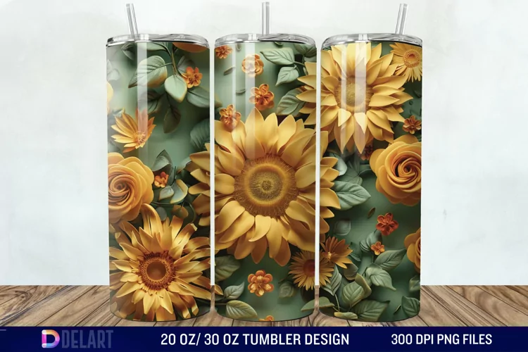 3d Sunflower & Roses Flowers Tumbler Wrap
