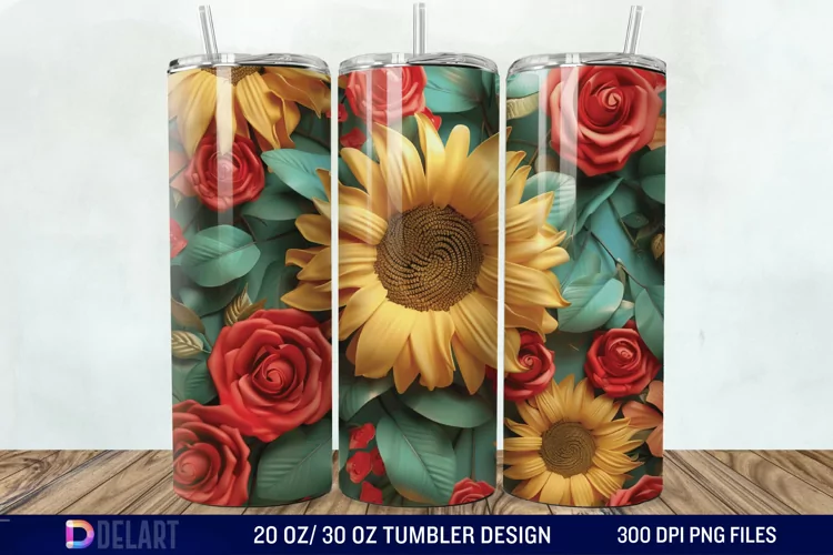 3d Sunflower & Roses Flowers Tumbler Wrap