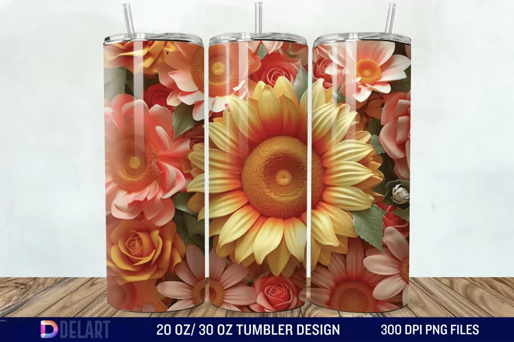 3d Sunflower & Roses Flowers Tumbler Wrap