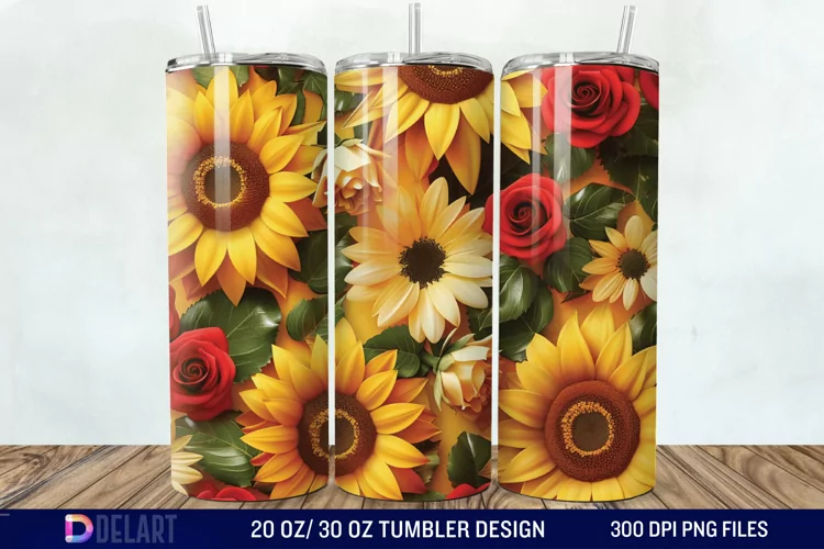 3d Sunflower & Roses Flowers Tumbler Wrap