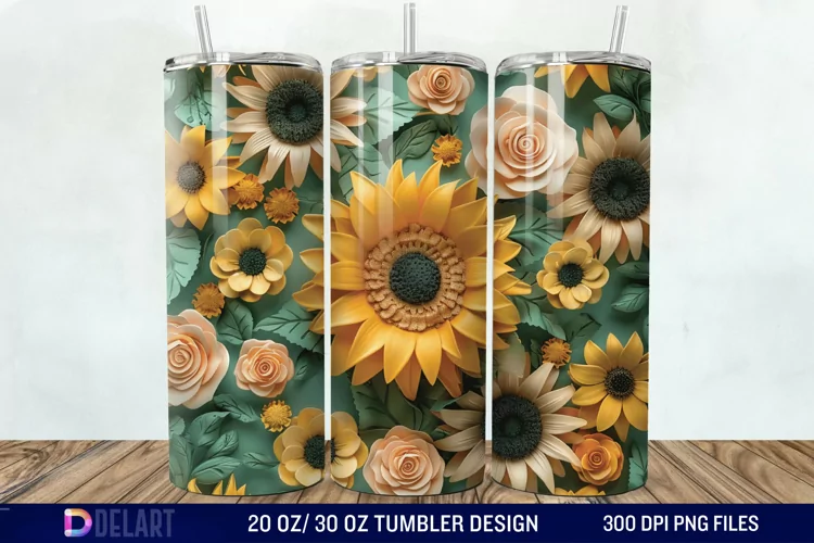 3d Sunflower & Roses Flowers Tumbler Wrap