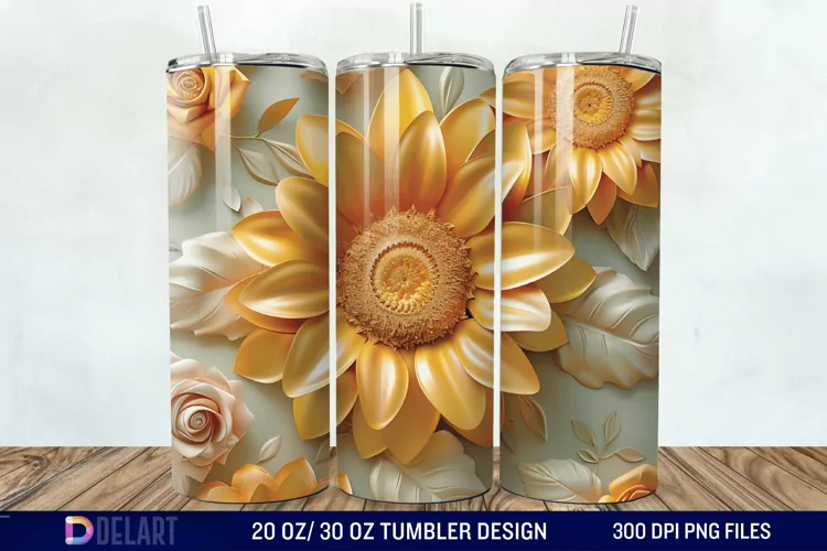 3d Sunflower & Roses Flowers Tumbler Wrap
