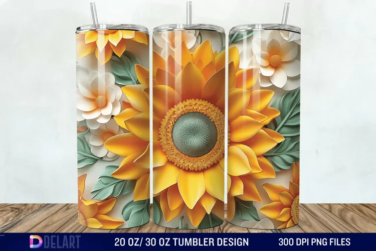 3d Sunflower & Roses Flowers Tumbler Wrap