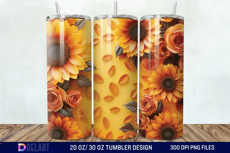 3d Sunflower & Roses Flowers Tumbler Wrap
