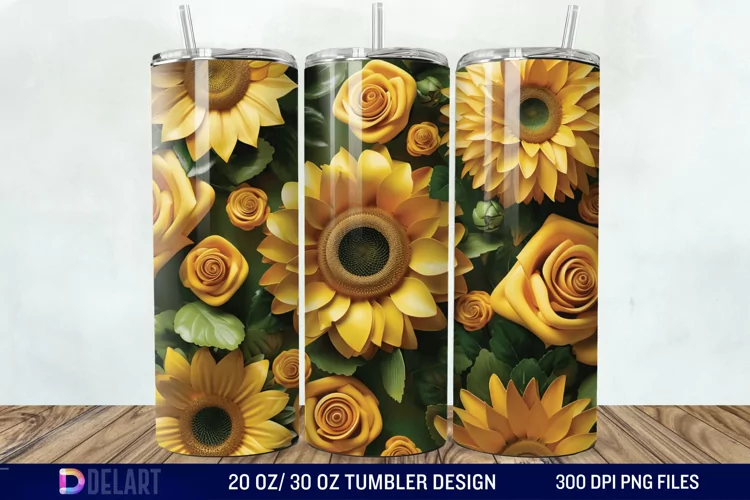 3d Sunflower & Roses Flowers Tumbler Wrap