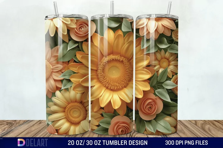 3d Sunflower & Roses Flowers Tumbler Wrap